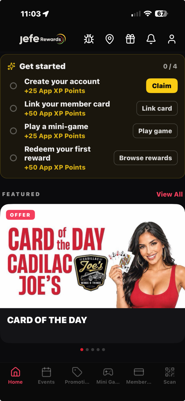 Jefe Rewards getting started checklist and featured offer screen