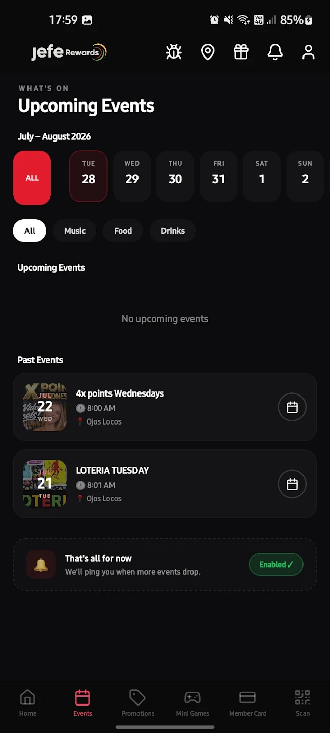 Jefe Rewards events screen