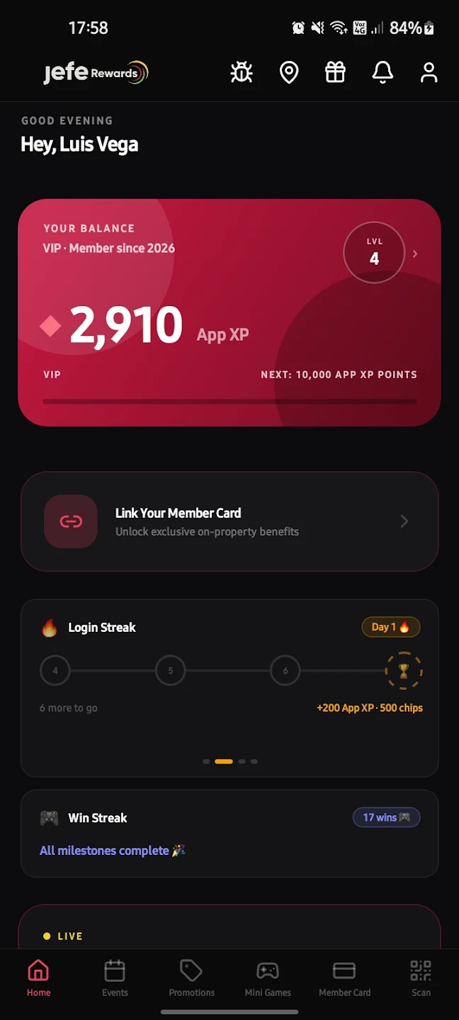 Jefe Rewards membership and points screen