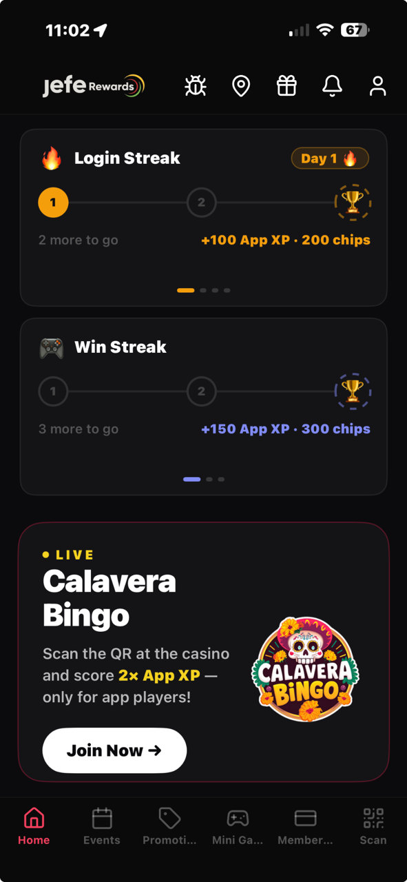 Jefe Rewards app showing activity streaks and Calavera Bingo